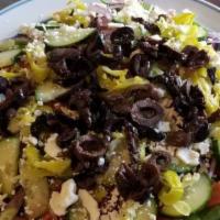 Mediterranean Salad · Organic mixed greens, green peppers, red onions, tomatoes, cucumber, feta cheese, Greek oliv...