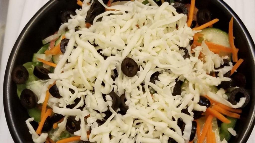 Loaded House Salad · Organic mixed greens, tomatoes, cucumber, bell peppers, green onions, carrots, black olives, mozzarella.