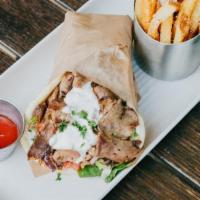 Lamb Gyro · Thin-sliced roasted leg of lamb, grilled onion, lettuce, tomato, tzatziki. Served with fries
