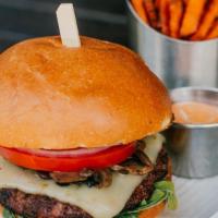 NOVY Burger · House-ground beef, pepper jack, mushroom, arugula, tomato, onion, green goddess. Served with...