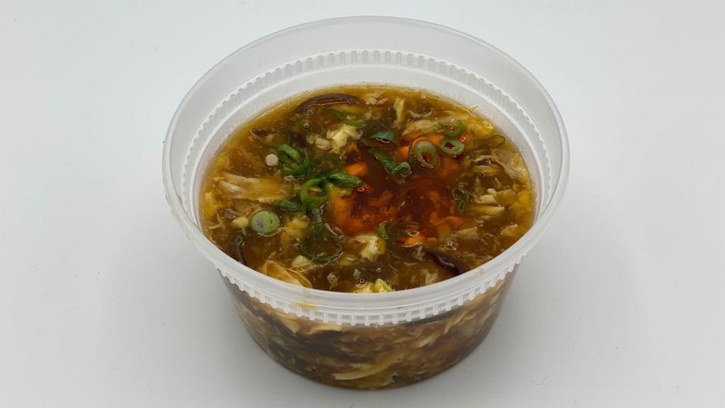 Vegetarian Hot & Sour Soup (Bowl) · Vegetarian. Spicy. Thick broth cooked with black fungus, bamboo shoots, bean curd, scallions, egg, vinegar, and pepper.