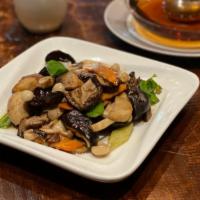 Mixed Vegetables with Mushrooms · Three kinds of mushrooms, celery, sea vegetables, lily roots prepared and sautéed with chef'...