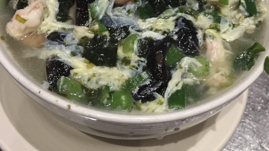 Nori Seaweed Soup · A mixture of spinach, shrimp, sliced shiitake mushrooms, and nori seaweed in a rich chicken broth finished with whipped eggs.