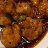 Sichuan Dry Fried Prawns · Light fluffy deep-fried prawns flash-fried and tossed with chili pods and a spicy garlic and...