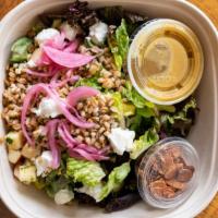 Farro · Contains dairy and vegetarian. Mustard vinaigrette, apple, goat cheese, candied almonds, and...