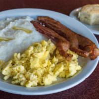 Bacon & Eggs · Two eggs any style, with side of bacon, choice of hash browns, grits, or rice and choice of ...
