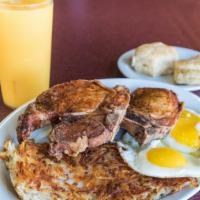 Reggie Jackson · 2 Fried Pork Chops,  2 eggs styled, hashbrowns, Grits, or Rice. Biscuits, English Muffin, or...