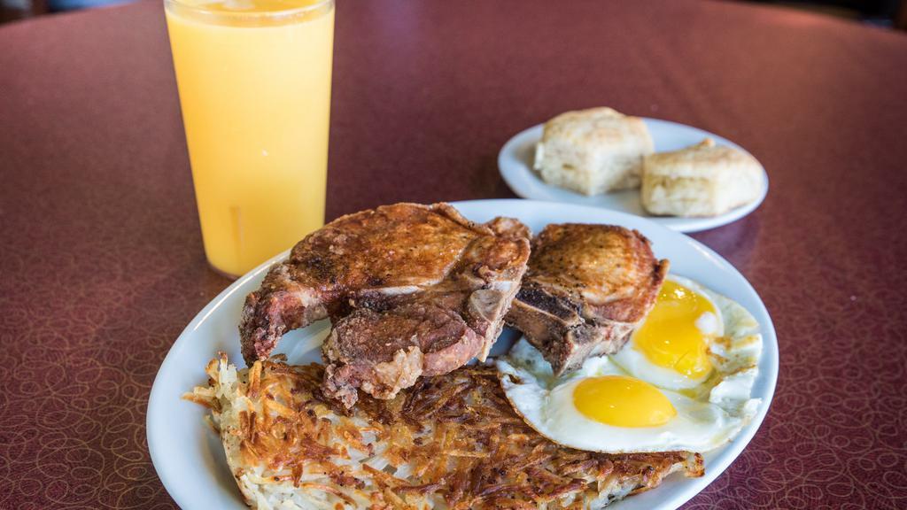 Reggie Jackson · 2 Fried Pork Chops,  2 eggs styled, hashbrowns, Grits, or Rice. Biscuits, English Muffin, or wheat toast.  Reggie Special offers a choice of drink.