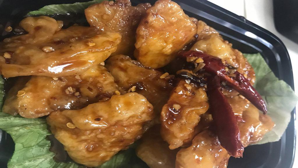 Emperor Vegan Chicken · Spicy. Deep-fried  chunks of vegan chicken breast tossed with a spicy garlic sauce.