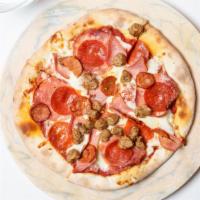 Meat Pie Pizza · Salami, pepperoni, smoked ham, linguica, beef and sausage.