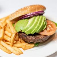 Bacon & Avocado Burger · Served with mayo, mustard, lettuce, tomato and onion.