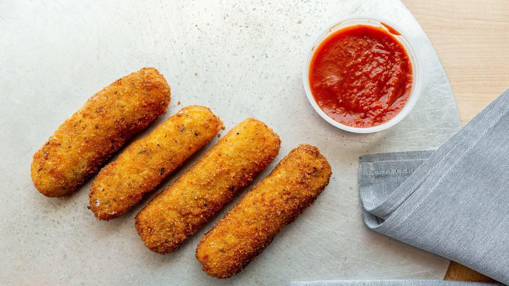 Mozzarella Cheese Sticks · 10 pieces. Deep-fried cheese sticks. Crispy on the outside, gooey on the inside. Served with a side of marinara sauce.