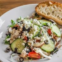 Athenian Salad · Arugula, mixed mushroom, cherry tomato, olives, shallot, cucumber, mild goat cheese, cilantr...