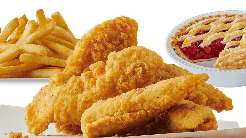 Big Chicken Bundle · Snack on 15 crispy chicken tenders and two pounds of French fries served with ranch and BBQ sauce for dipping! Serves 3-5.