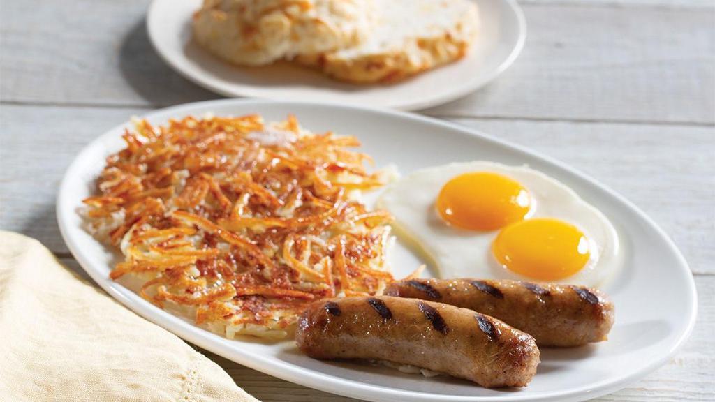 Farmer'S Breakfast Standard · Two farm-fresh eggs* with your choice of three strips of Applewood-smoked bacon or grilled sausage. Served with choice of two breakfast sides.