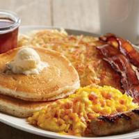 The Shari'S Sampler · Two farm-fresh eggs* scrambled with diced country ham and cheddar cheese. Served with Applew...