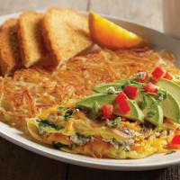 Spring Omelette · Baby spinach, tomatoes, fresh sautéed mushrooms and cheddar cheese topped with sliced avocad...