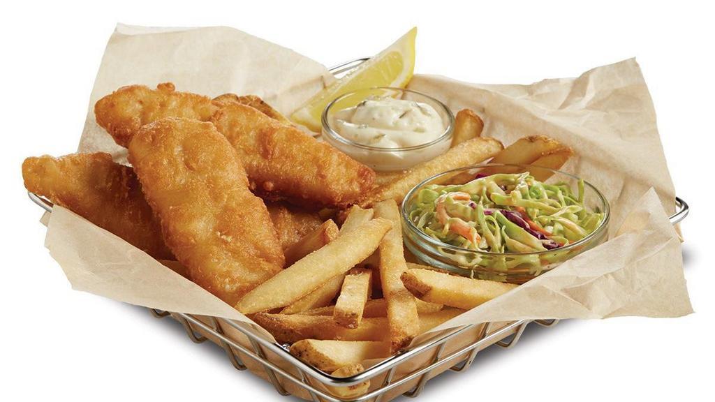 Fish & Chips · The best of the Northwest! Hand-cut, beer-battered cod fillets lightly fried and crispy. Served with creamy house-made coleslaw, tartar sauce and choice of side.