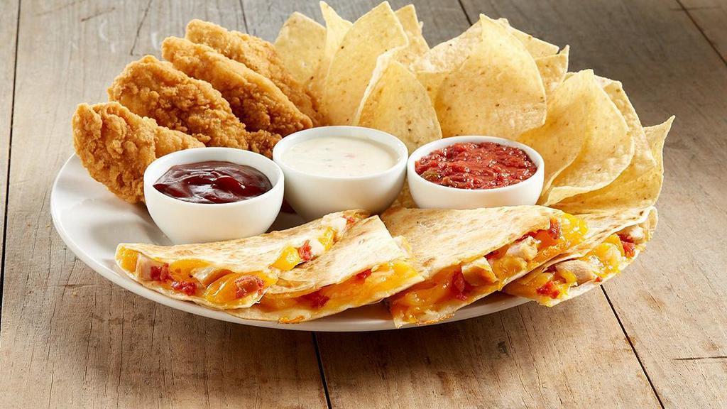 The Works Platter · Shareable platter of our southern-style . chicken tenders, chicken quesadilla bites, . tortilla chips, served with queso, salsa and . smoky BBQ dipping sauces. Serves 4.