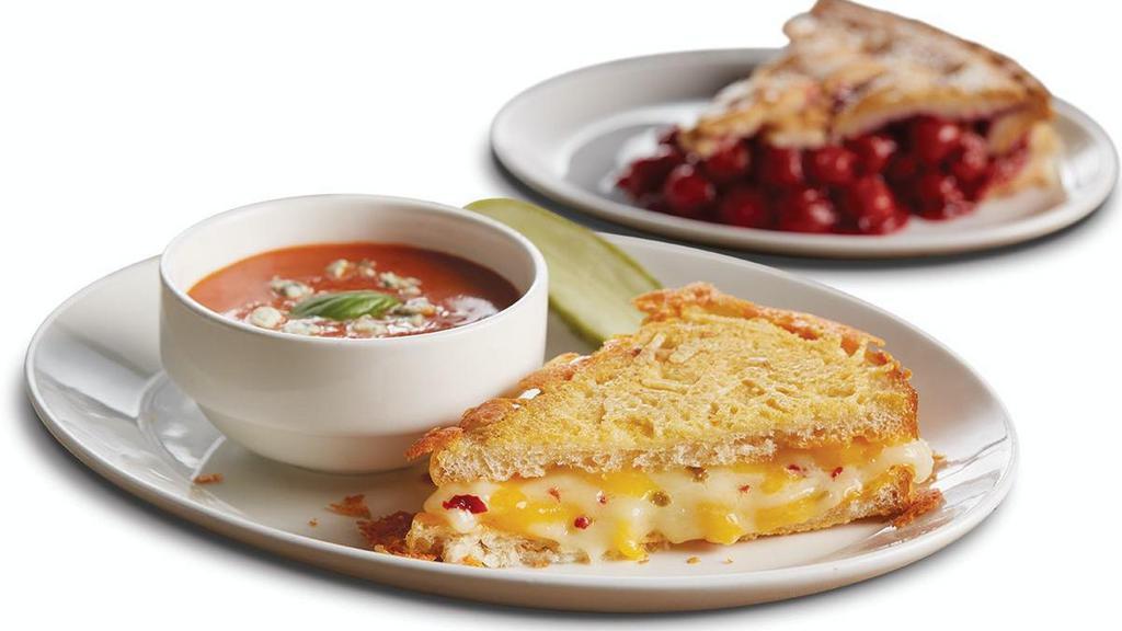 Parmesan-Crusted Grilled Cheese Duo · Half Parmesan-Crusted Grilled Cheese paired with a cup of soup or house salad. Make it a trio with pie for $2 more.