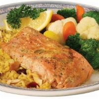 Grilled Salmon · Lightly seasoned grilled salmon. Served with choice of two sides.