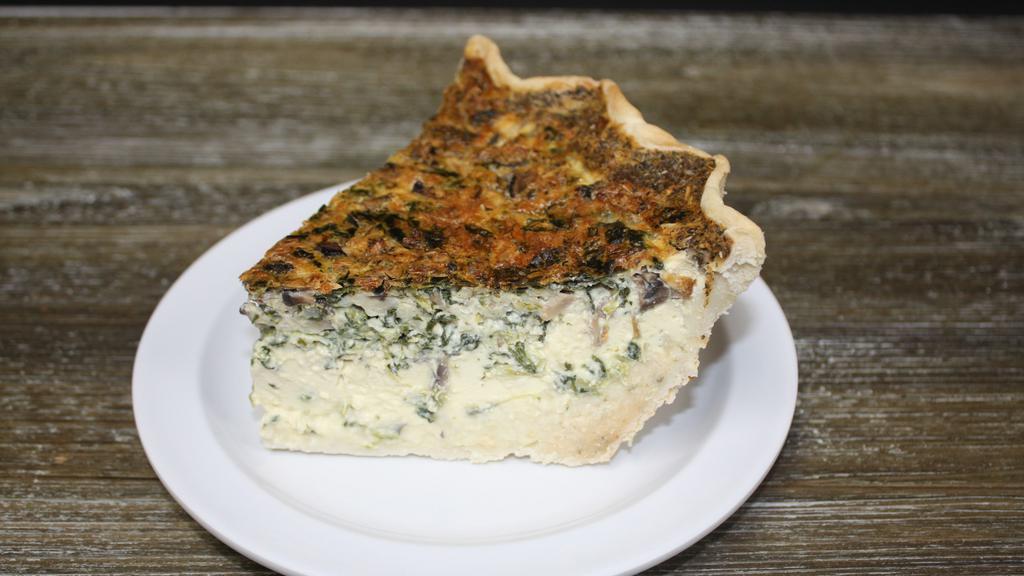 Spinach Mushroom Quiche · Cooked with cream, eggs, spinach, mushroom and cheese.