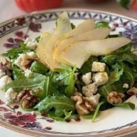 Arugula Salad · Micro arugula, fresh pears. gorgonzola cheese, toasted walnuts