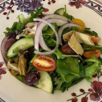 Mista Salad · Colorful mix greens, cherry tomatoes, artichokes & olives