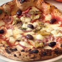 Pizza Capricciosa · Mozzarella, mushroom, olive, artichoke, boiled egg, prosciutto