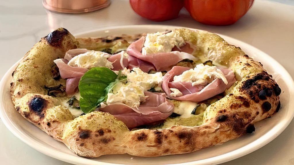 Pizza Prosciutto · Mozzarella, prosciutto, propini mushroom & truffle oil
