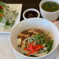45. Pho Kho Chay · Vegetarian. Rice noodle, tofu, cabbage, onion, vegetarian broth, mint, cilantro, and jalapeno.