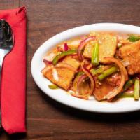 Pan Fried Chilli Tofu · Signature dishes. Spicy level 1. Tofu, scallions, red and green peppers, and chilli paste.