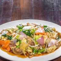 Pan Fried Noodles · Noodles pan-fried topped with meat or vegetables.