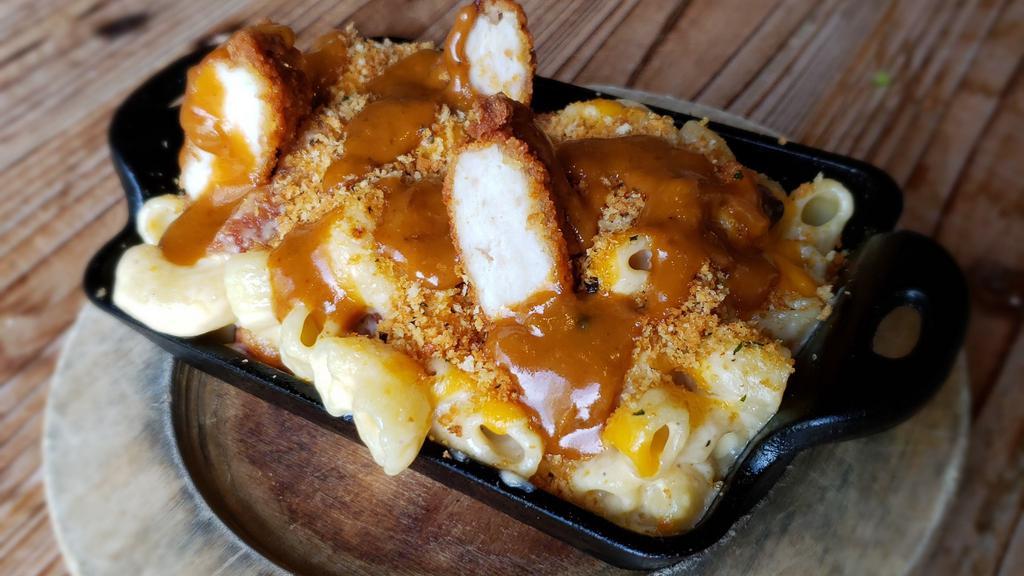 Fried Chicken and Gravy Mac · Chicken strips mixed into our classic mac, all topped with our house made gravy.