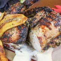 Jerk Half Chicken
(GF) · Mary’s free range chicken, homemade citrus aioli, Oyo pickles, fried
sweet plantains