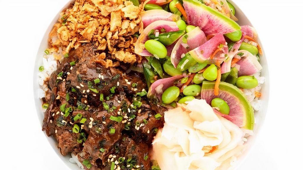 Red Miso Beef Bowl · with snap pea edamame, pickled ginger, crispy onion, & furikake