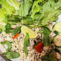 Larb Chicken Lettuce Wraps - Larb Gai · Ground chicken lime dressing, red onions, cilantro, mint, dry chili