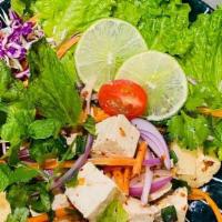 Larb Tofu Lettuce Wraps - Larb Tofu Vegan · Tofu lime dressing, red onions, cilantro, mint, dry chili