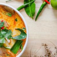 Spicy Seafood Thai Street Food Tom Yum · Scallops Mussels Shrimp and Squid (Gluten-free) Lemongrass, Thai red chili, galangal,. mince...