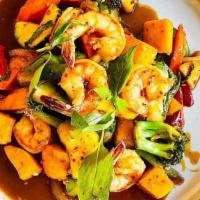 Mango Shrimp · Fiery wok-fried tiger shrimp and sweet mango with basil and chili garlic sauce, (Recommend o...