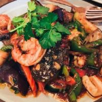 Spicy Seafood Mix · Scallops, mussels, shrimp, and squid stir-fried with sweet chili sauce and eggplant