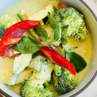 Green Curry with Tofu · (Vegan/Gluten-Free) Choice of protein simmered in coconut milk, green curry, eggplant, green...