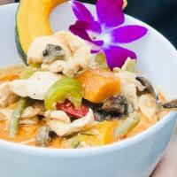 Pumpkin Curry with Chicken · (Gluten-Free) Choice of protein simmered in coconut milk, red curry, pumpkin, bell pepper, c...