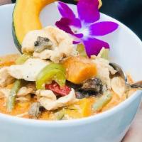 Pumpkin Curry with Pork · (Gluten-Free) Choice of protein simmered in coconut milk, red curry, pumpkin, bell pepper, c...