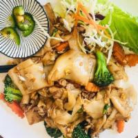 Pad See Ew with Shrimp · Wok-fried rice noodles sautéed with egg, broccoli, garlic, vinegar, coconut sugar, and soy s...