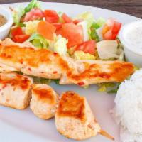 Chicken Souvlaki - Kebab · Signature. Grilled chunks of chicken with salad and rice.