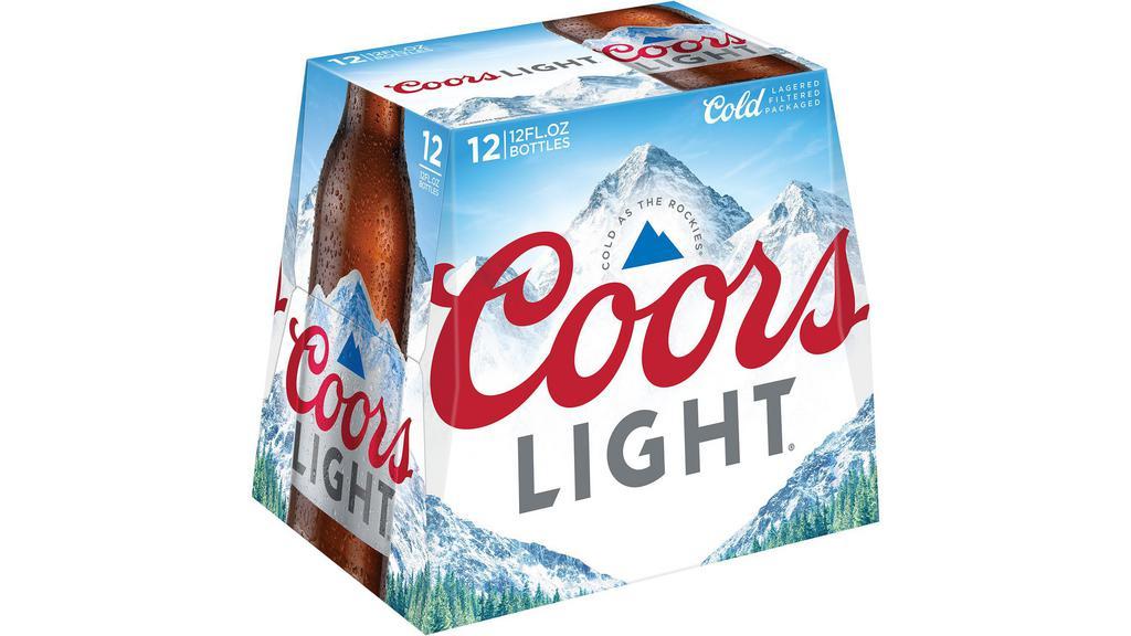 Coors Light Bottle (12 oz x 12 ct) · Coors Light is a natural light lager beer that delivers Rocky Mountain cold refreshment with 4.2% ABV. Light calorie beer at 102 calories and 5g of carbs per 12 fluid ounces.