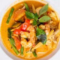Pumkin Curry · Thai red curry with chicken, prawns, pumpkin, baby corn, green bean, carrot, red bell pepper...