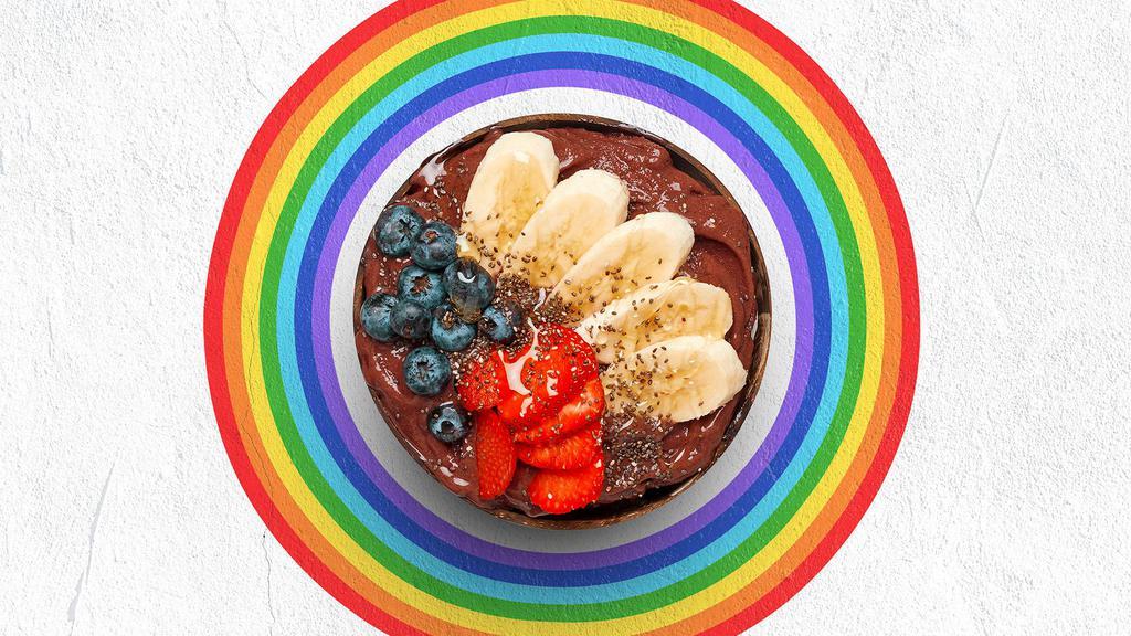 Chi Chia Acai Bowl · Acai bowl topped with chia seeds, bananas, strawberries, blueberries, and honey.