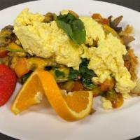 Veggie Skillet · Mushrooms, spinach, asparagus, avocado, tomatoes asparagus, cheddar cheese, two eggs any sty...